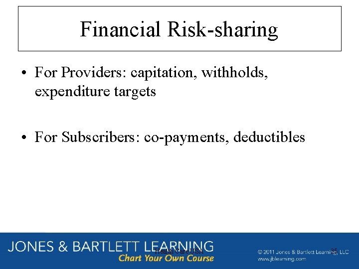 Financial Risk-sharing • For Providers: capitation, withholds, expenditure targets • For Subscribers: co-payments, deductibles