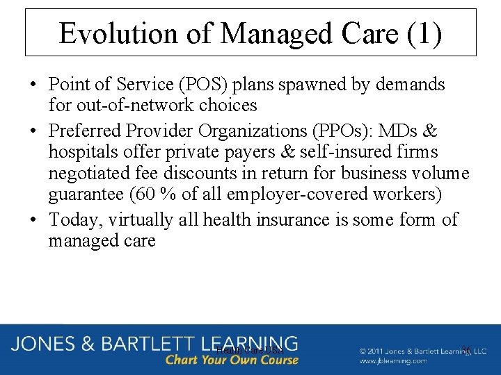 Evolution of Managed Care (1) • Point of Service (POS) plans spawned by demands
