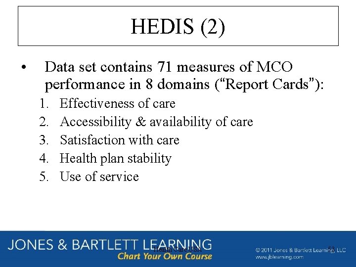 HEDIS (2) • Data set contains 71 measures of MCO performance in 8 domains