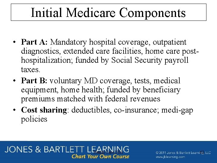 Initial Medicare Components • Part A: Mandatory hospital coverage, outpatient diagnostics, extended care facilities,