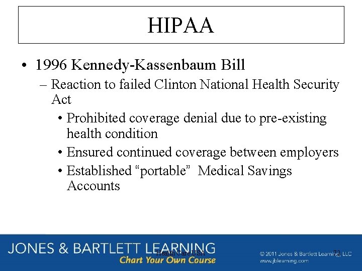 HIPAA • 1996 Kennedy-Kassenbaum Bill – Reaction to failed Clinton National Health Security Act