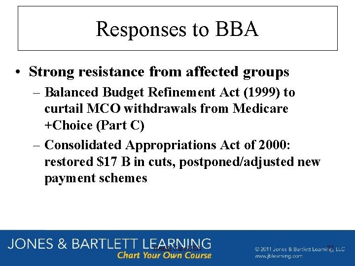 Responses to BBA • Strong resistance from affected groups – Balanced Budget Refinement Act