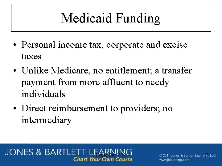 Medicaid Funding • Personal income tax, corporate and excise taxes • Unlike Medicare, no