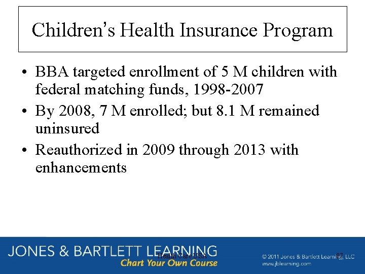 Children’s Health Insurance Program • BBA targeted enrollment of 5 M children with federal
