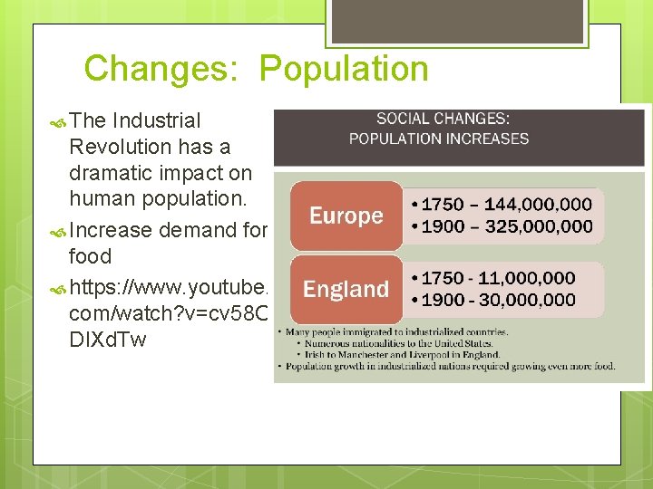 Changes: Population The Industrial Revolution has a dramatic impact on human population. Increase demand