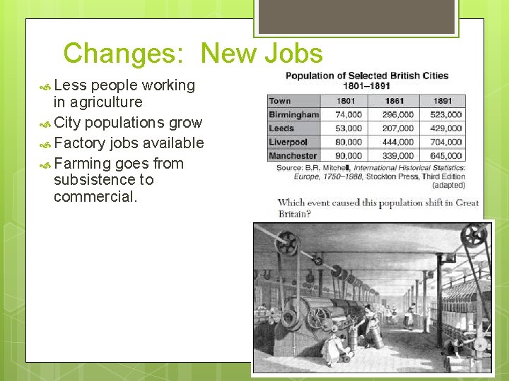 Changes: New Jobs Less people working in agriculture City populations grow Factory jobs available