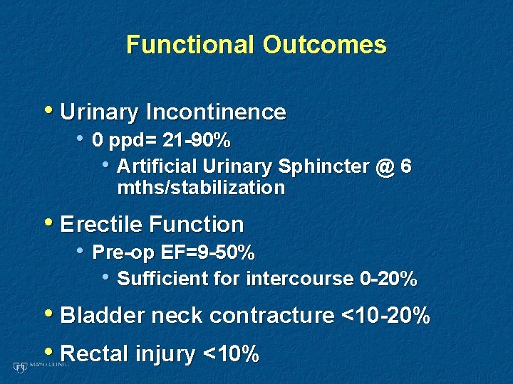 Functional Outcomes • Urinary Incontinence • 0 ppd= 21 -90% • Artificial Urinary Sphincter