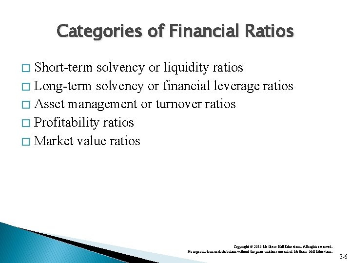 Categories of Financial Ratios Short-term solvency or liquidity ratios � Long-term solvency or financial
