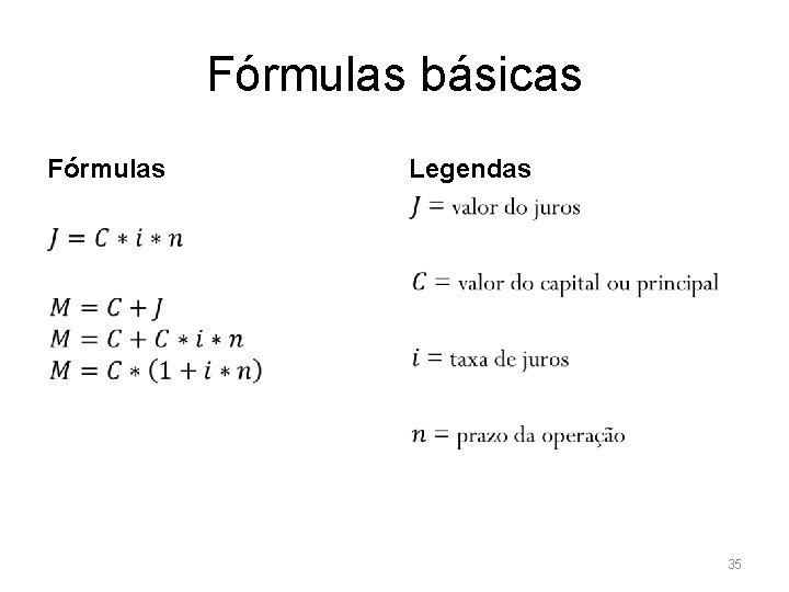 Fórmulas básicas Fórmulas Legendas • • 35 