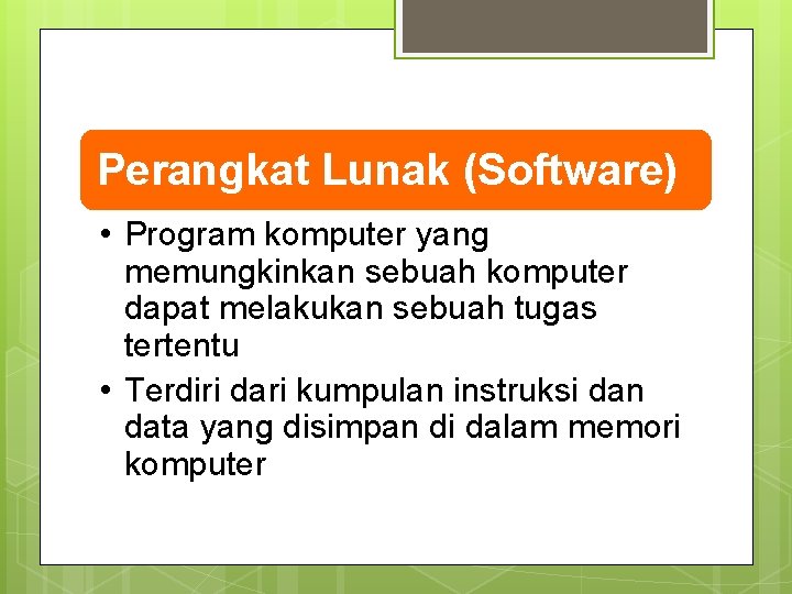 Perangkat Lunak (Software) • Program komputer yang memungkinkan sebuah komputer dapat melakukan sebuah tugas