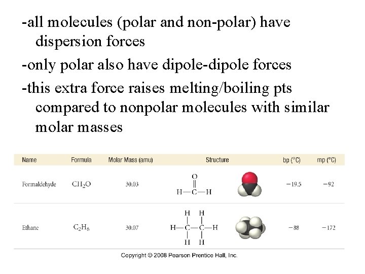 -all molecules (polar and non-polar) have dispersion forces -only polar also have dipole-dipole forces