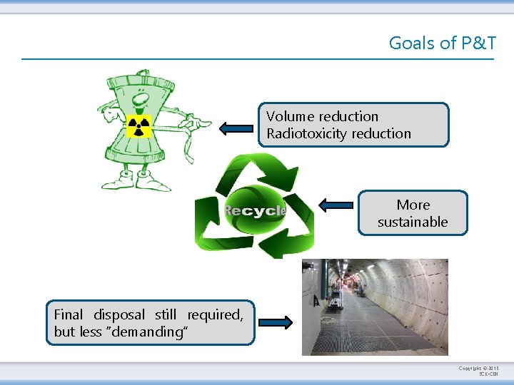 Goals of P&T Volume reduction Radiotoxicity reduction More sustainable Final disposal still required, but