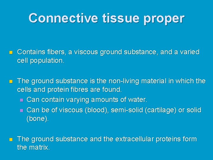 Connective tissue proper n Contains fibers, a viscous ground substance, and a varied cell Connective tissue proper n Contains fibers, a viscous ground substance, and a varied cell
