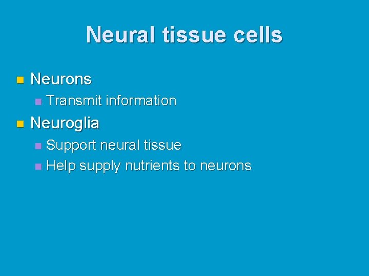 Neural tissue cells n Neurons n n Transmit information Neuroglia Support neural tissue n