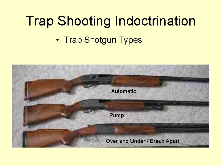 Trap Shooting Indoctrination • Trap Shotgun Types Automatic Pump Over and Under / Break