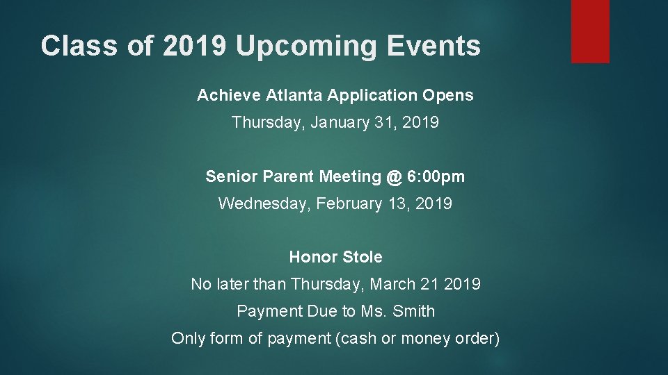 Class of 2019 Upcoming Events Achieve Atlanta Application Opens Thursday, January 31, 2019 Senior