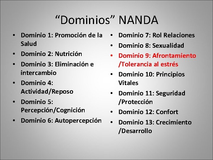“Dominios” NANDA • Dominio 1: Promoción de la Salud • Dominio 2: Nutrición • “Dominios” NANDA • Dominio 1: Promoción de la Salud • Dominio 2: Nutrición •