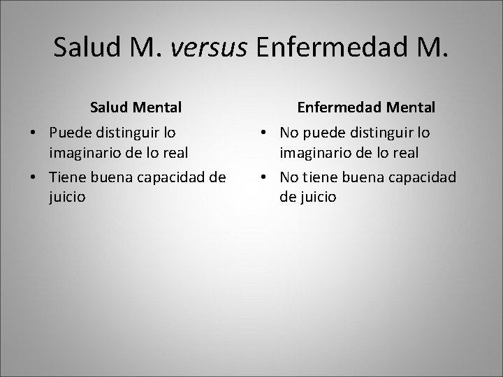 Salud M. versus Enfermedad M. Salud Mental • Puede distinguir lo imaginario de lo Salud M. versus Enfermedad M. Salud Mental • Puede distinguir lo imaginario de lo