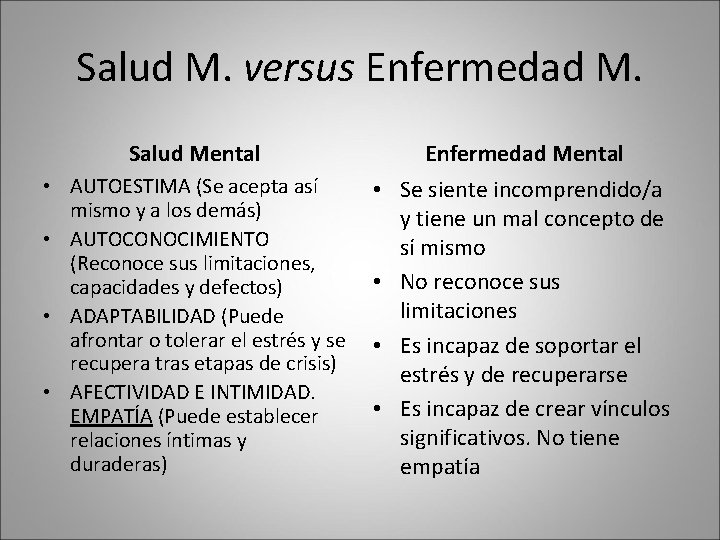 Salud M. versus Enfermedad M. Salud Mental Enfermedad Mental • AUTOESTIMA (Se acepta así Salud M. versus Enfermedad M. Salud Mental Enfermedad Mental • AUTOESTIMA (Se acepta así