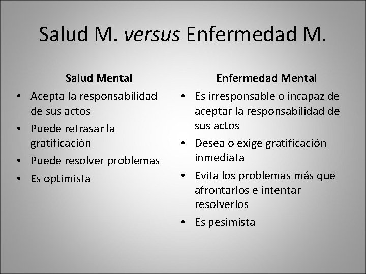 Salud M. versus Enfermedad M. Salud Mental • Acepta la responsabilidad de sus actos Salud M. versus Enfermedad M. Salud Mental • Acepta la responsabilidad de sus actos