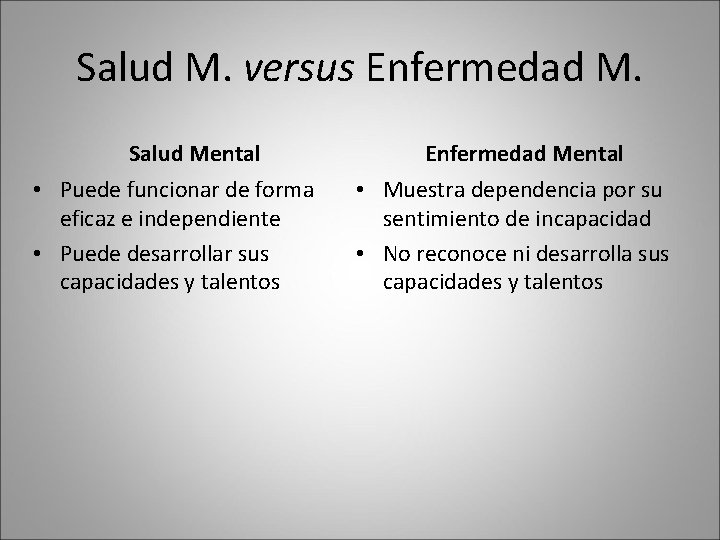Salud M. versus Enfermedad M. Salud Mental • Puede funcionar de forma eficaz e Salud M. versus Enfermedad M. Salud Mental • Puede funcionar de forma eficaz e