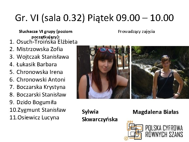 Gr. VI (sala 0. 32) Piątek 09. 00 – 10. 00 Słuchacze VI grupy