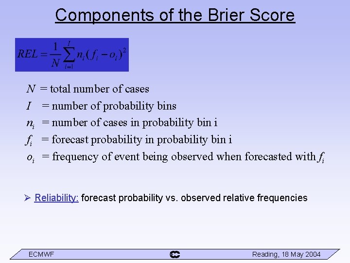 Components of the Brier Score N I ni fi oi = total number of