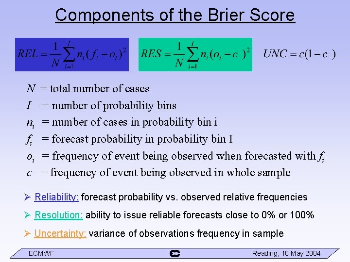 Components of the Brier Score N I ni fi oi c = total number