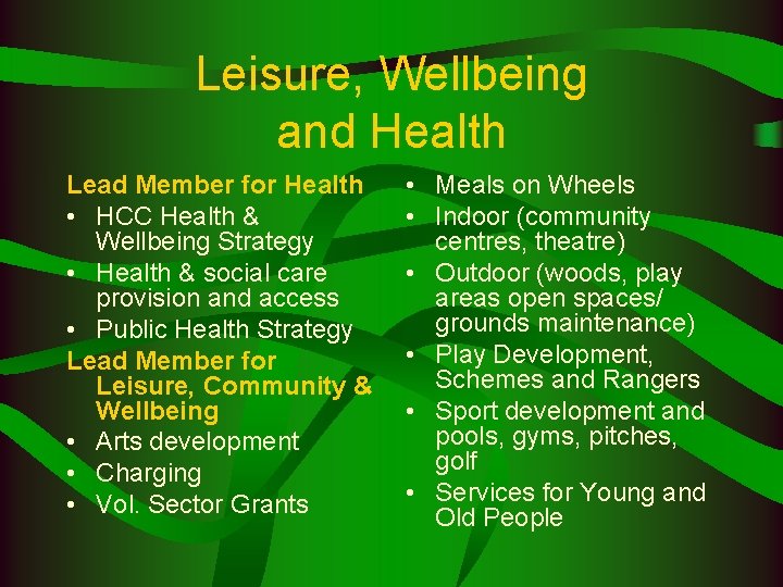 Leisure, Wellbeing and Health Lead Member for Health • HCC Health & Wellbeing Strategy