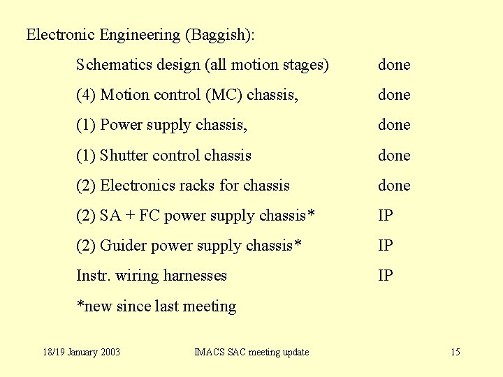 Electronic Engineering (Baggish): Schematics design (all motion stages) done (4) Motion control (MC) chassis,