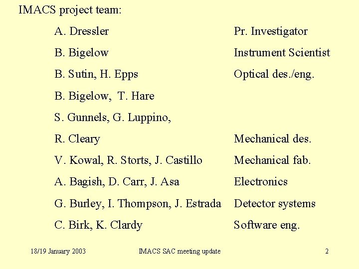 IMACS project team: A. Dressler Pr. Investigator B. Bigelow Instrument Scientist B. Sutin, H.