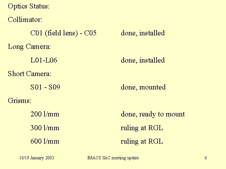 Optics Status: Collimator: C 01 (field lens) - C 05 done, installed Long Camera: