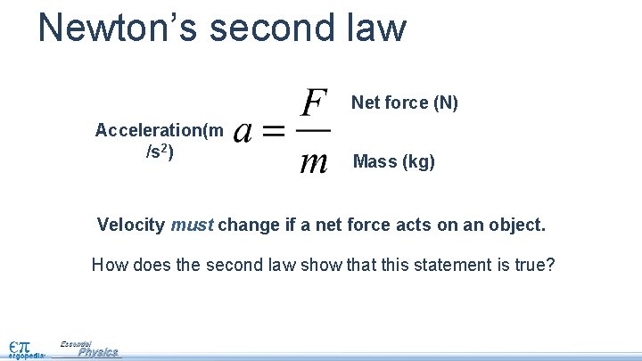 Newton’s second law Net force (N) Acceleration(m /s 2) Mass (kg) Velocity must change