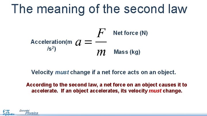 The meaning of the second law Net force (N) Acceleration(m /s 2) Mass (kg)