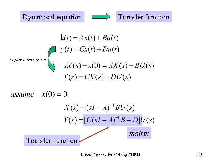Dynamical equation Transfer function Laplace transform Transfer function matrix Linear System by Meiling CHEN