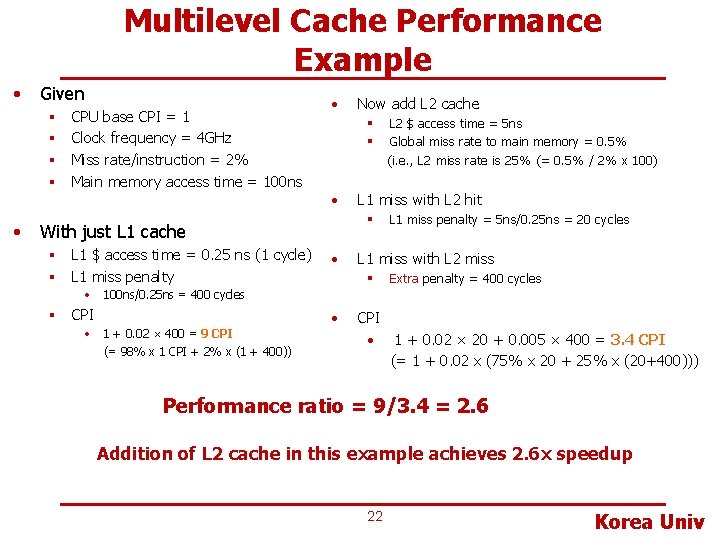 Multilevel Cache Performance Example • Given § § • CPU base CPI = 1