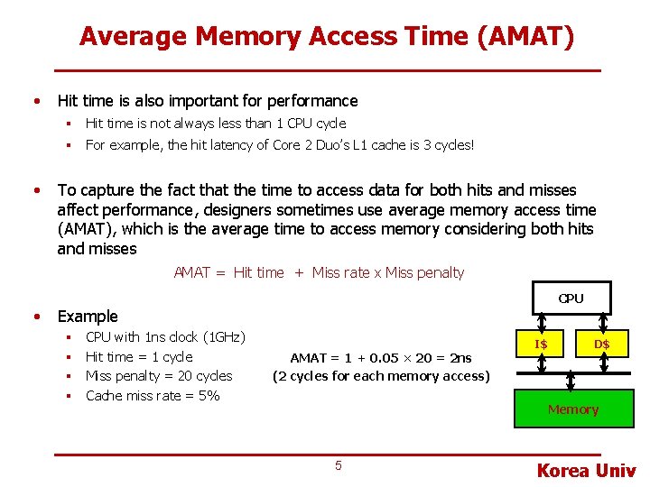 Average Memory Access Time (AMAT) • Hit time is also important for performance §