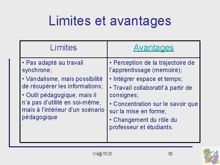 Limites et avantages Limites Avantages • Pas adapté au travail synchrone; • Vandalisme, mais