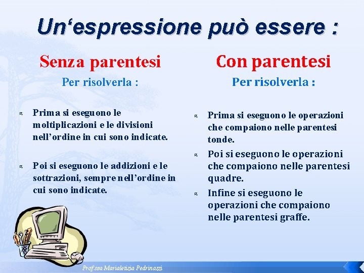 Un‘espressione può essere : Senza parentesi Con parentesi Per risolverla : Prima si eseguono Un‘espressione può essere : Senza parentesi Con parentesi Per risolverla : Prima si eseguono