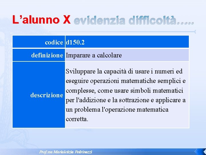 L’alunno X evidenzia difficoltà…. . codice d 150. 2 definizione Imparare a calcolare Sviluppare L’alunno X evidenzia difficoltà…. . codice d 150. 2 definizione Imparare a calcolare Sviluppare
