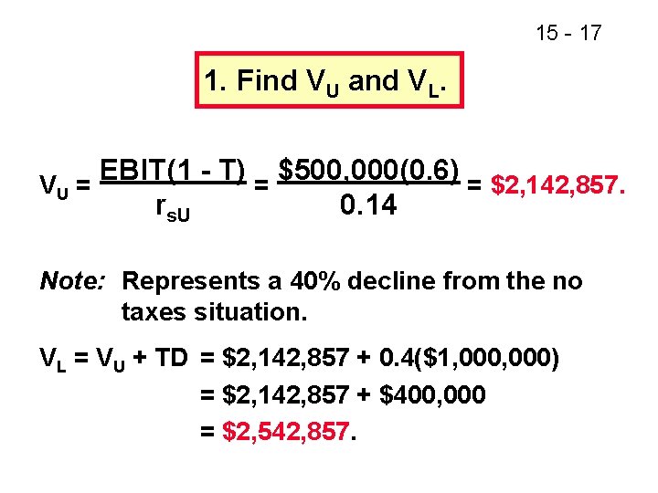 15 - 17 1. Find VU and VL. VU = EBIT(1 - T) =