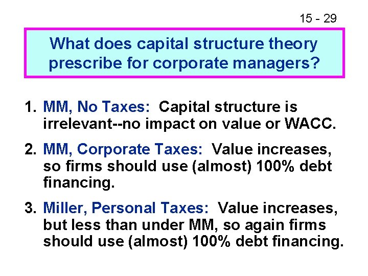 15 - 29 What does capital structure theory prescribe for corporate managers? 1. MM,