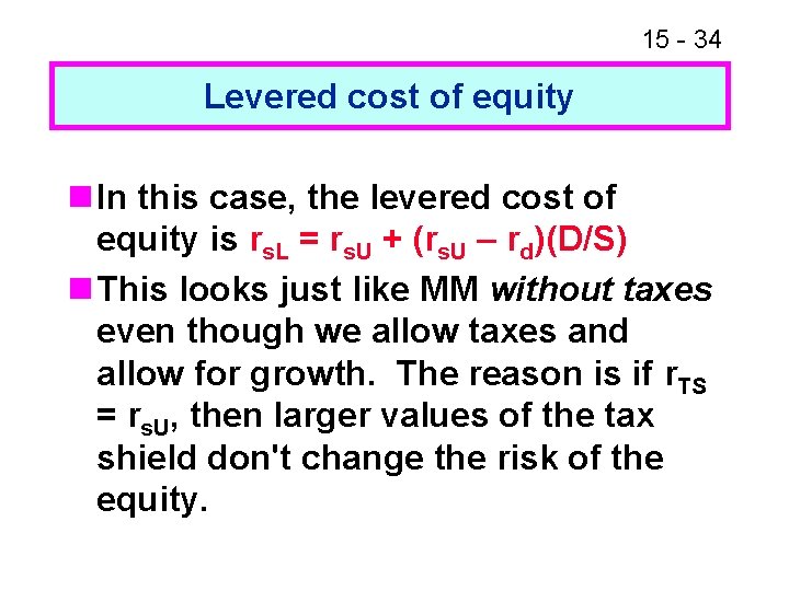 15 - 34 Levered cost of equity n In this case, the levered cost