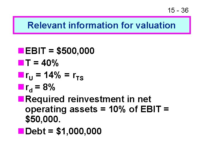 15 - 36 Relevant information for valuation n EBIT = $500, 000 n T