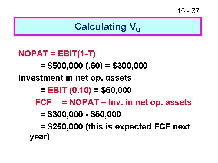 15 - 37 Calculating VU NOPAT = EBIT(1 -T) = $500, 000 (. 60)