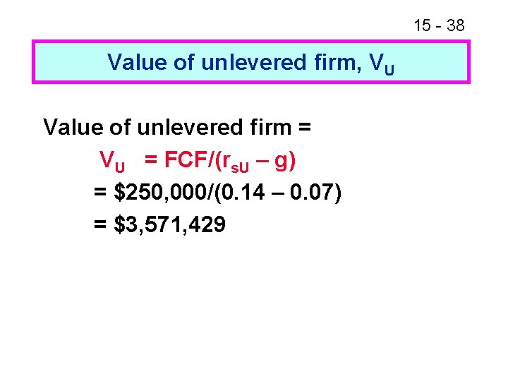 15 - 38 Value of unlevered firm, VU Value of unlevered firm = VU