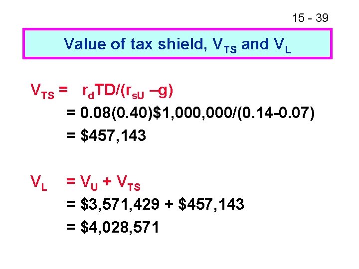 15 - 39 Value of tax shield, VTS and VL VTS = rd. TD/(rs.