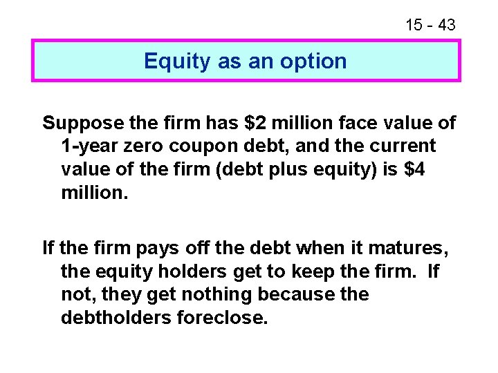 15 - 43 Equity as an option Suppose the firm has $2 million face