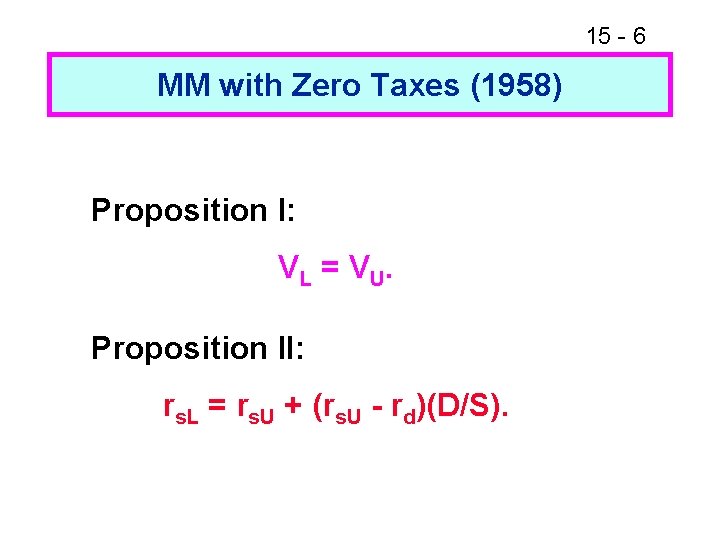 15 - 6 MM with Zero Taxes (1958) Proposition I: V L = V