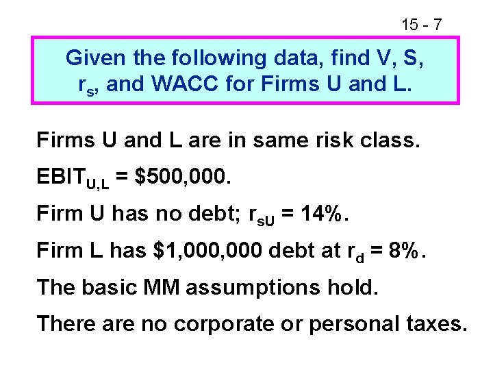 15 - 7 Given the following data, find V, S, rs, and WACC for